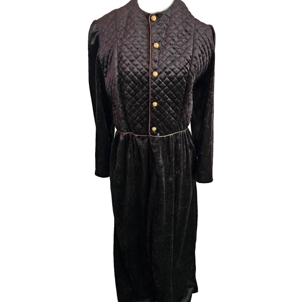 1960s Evelyn Pearson ROBE DRESS BLACK Velvet Gold rope Buttons‎ LADIES SMALL